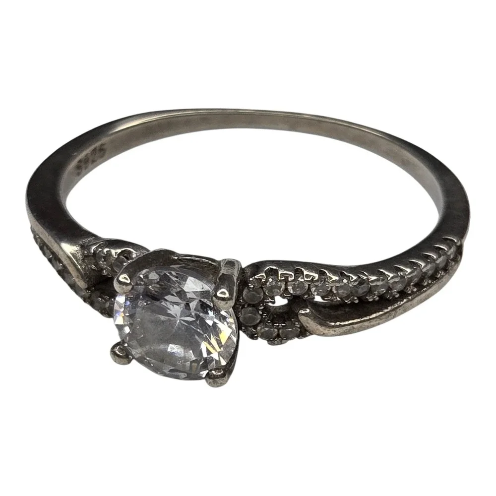 Vintage Solitaire Ring Size 9 Sterling Silver Cubic Zirconia Bypass Band S925
